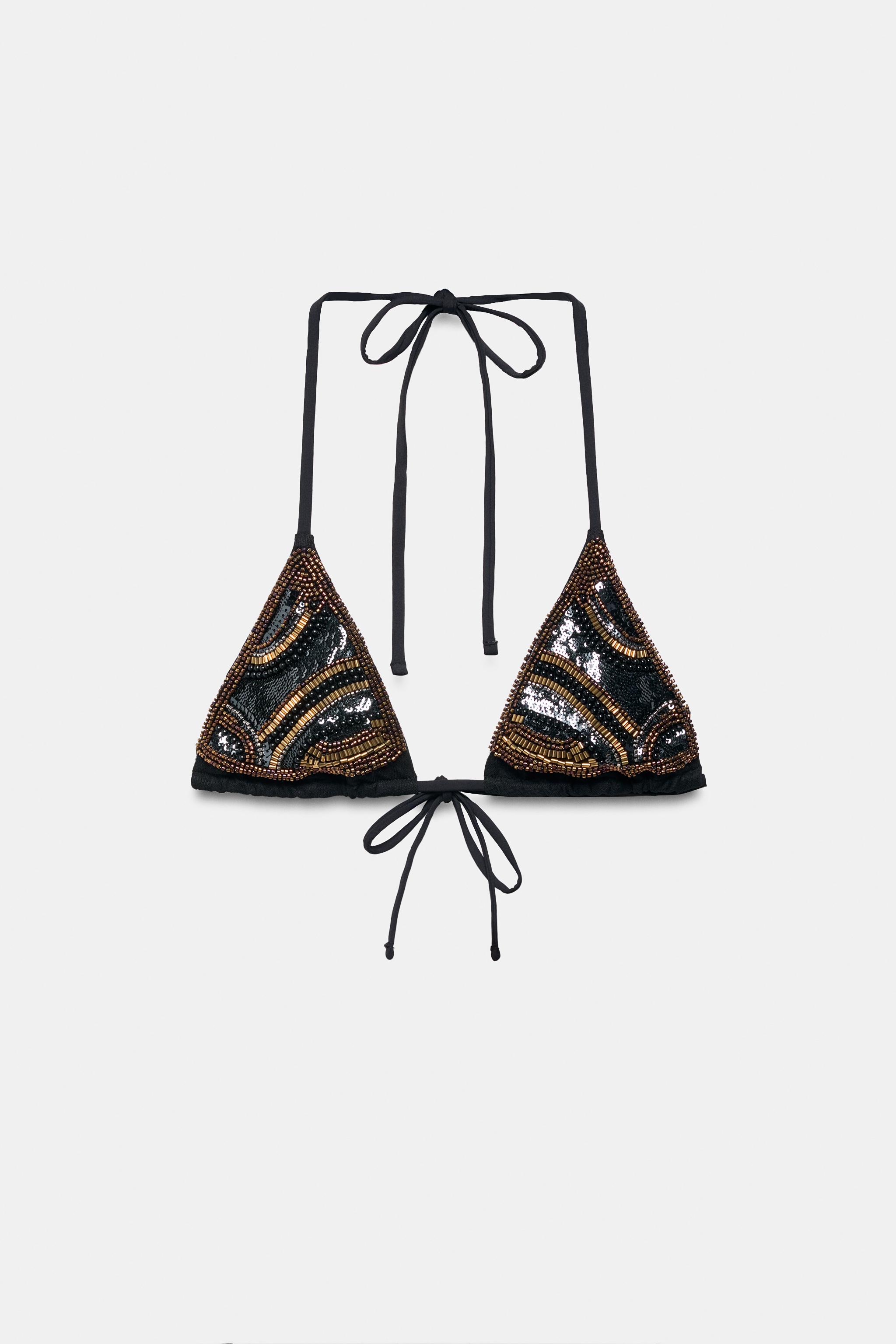 BEADED TRIANGLE BIKINI TOP — Black