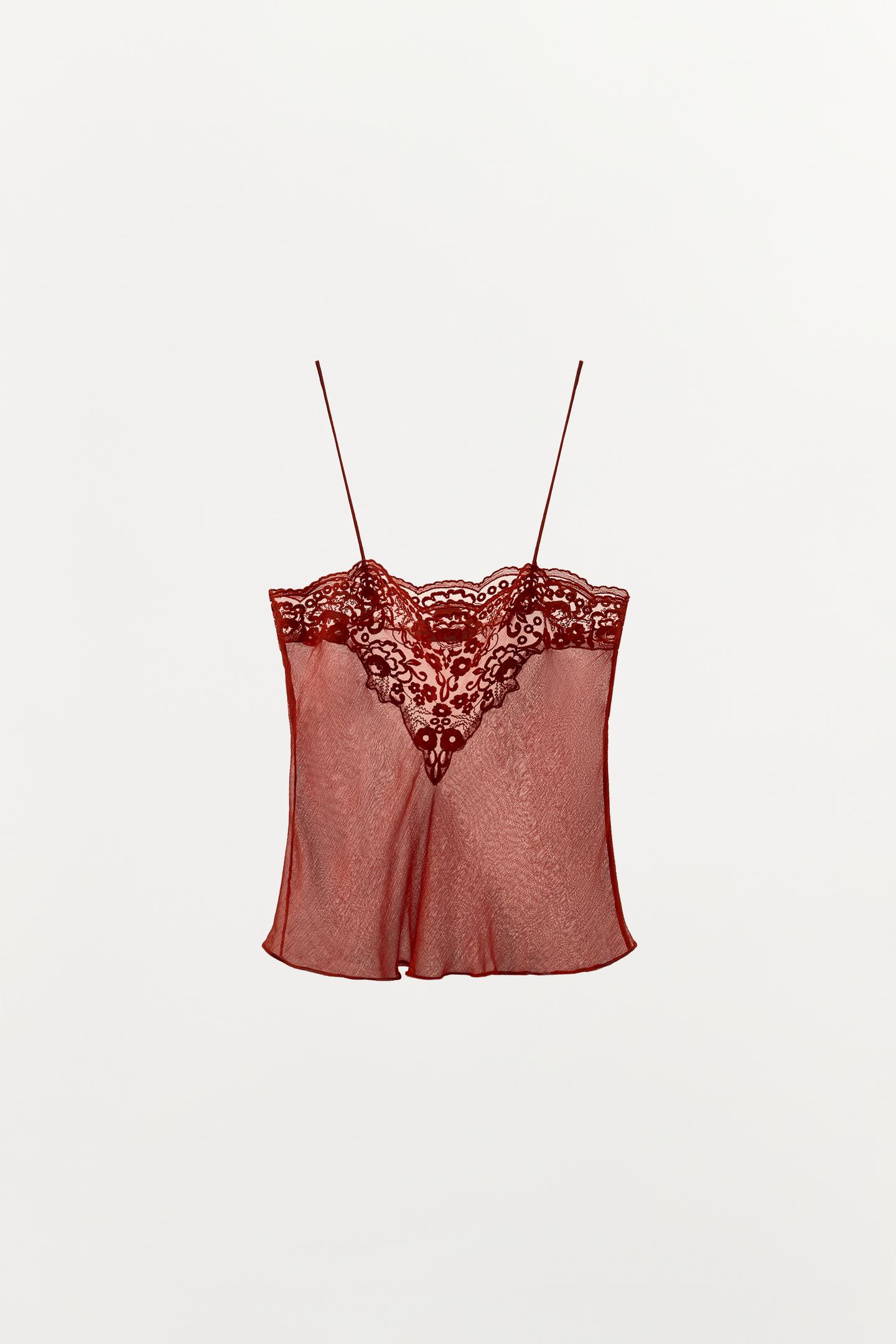 Женский топ Zara Georgette Lace Camisole, цвет: Коралловый красный — фото 5