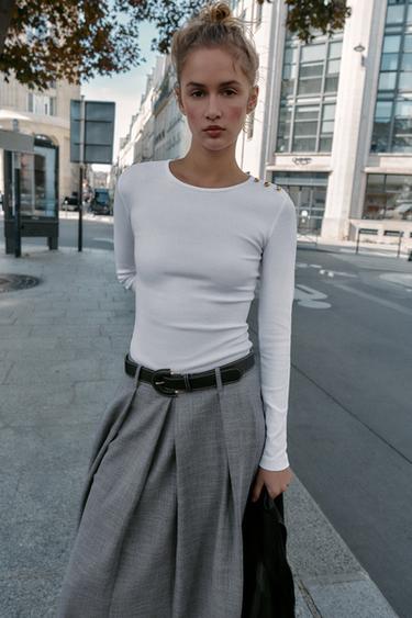 Zara RIBBED BUTTON T-SHIRT - White