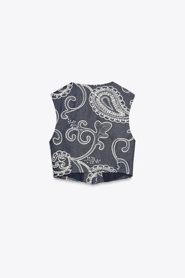 EMBROIDERED CROPPED WAISTCOAT TOP - Ecru / Navy by Zara - Image 5