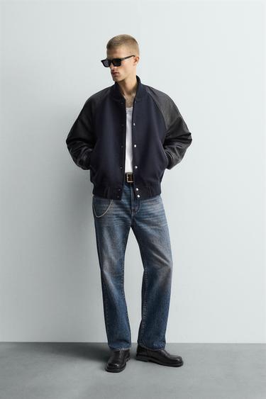 LIMITED EDITION CONTRAST LEATHER BOMBER JACKET - Dark navy by Zara - Image 0