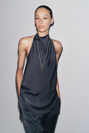 Zara ZW COLLECTION 緞面繞頸吊帶上衣 - 石油色