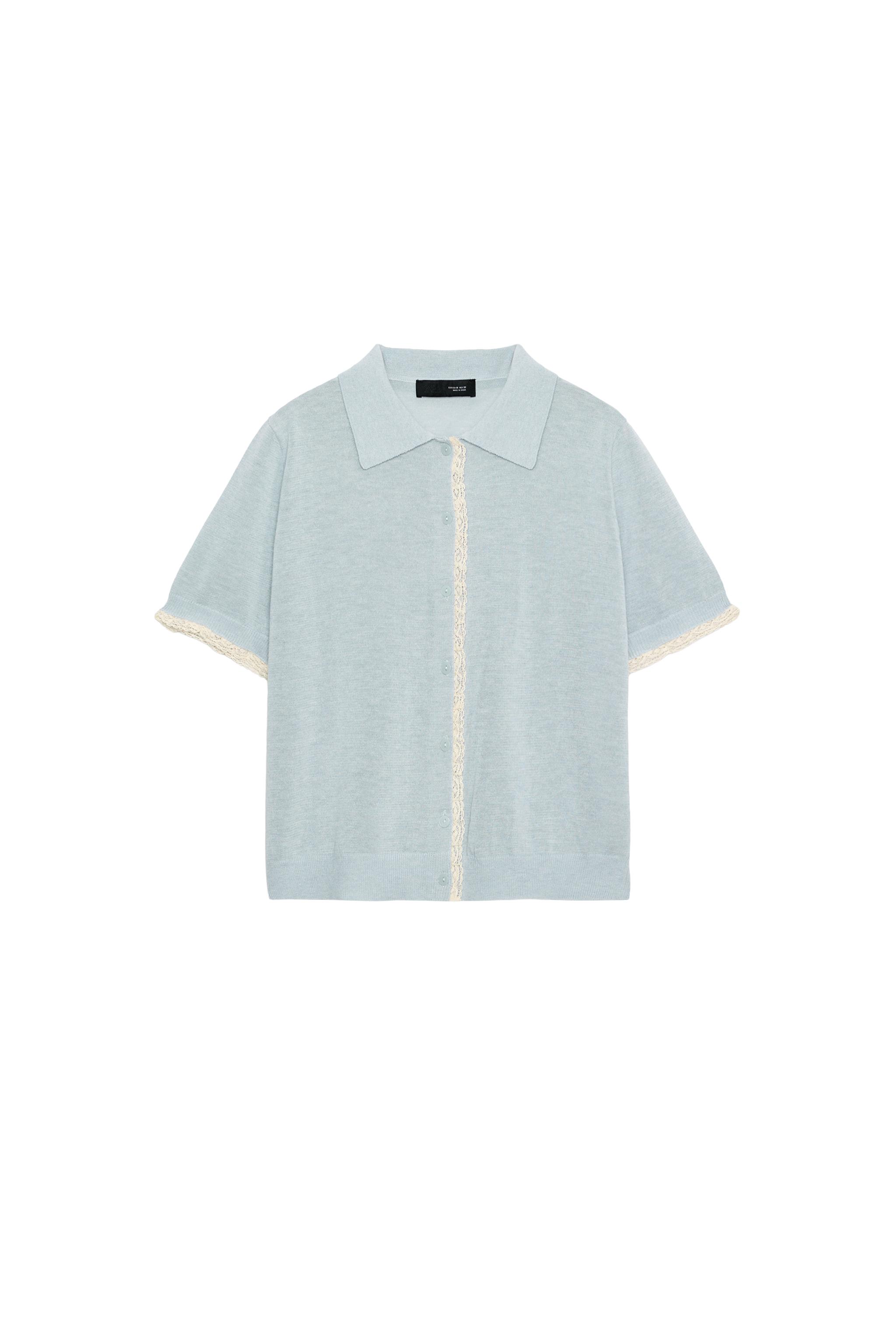 SHORT SLEEVE LACE TRIM CARDIGAN - Pastel blue | ZARA United States