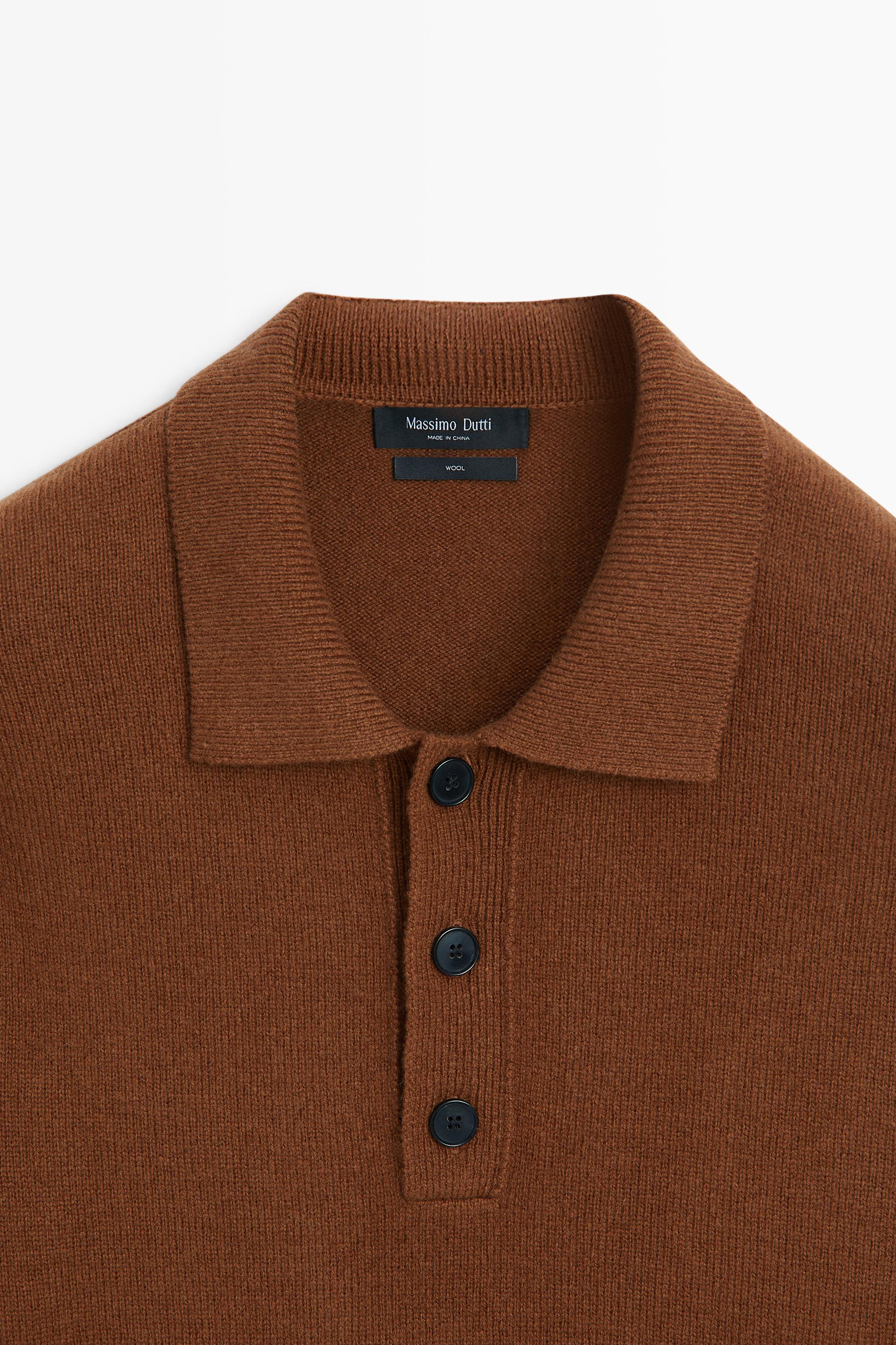 100% wool knit polo sweater with button detail