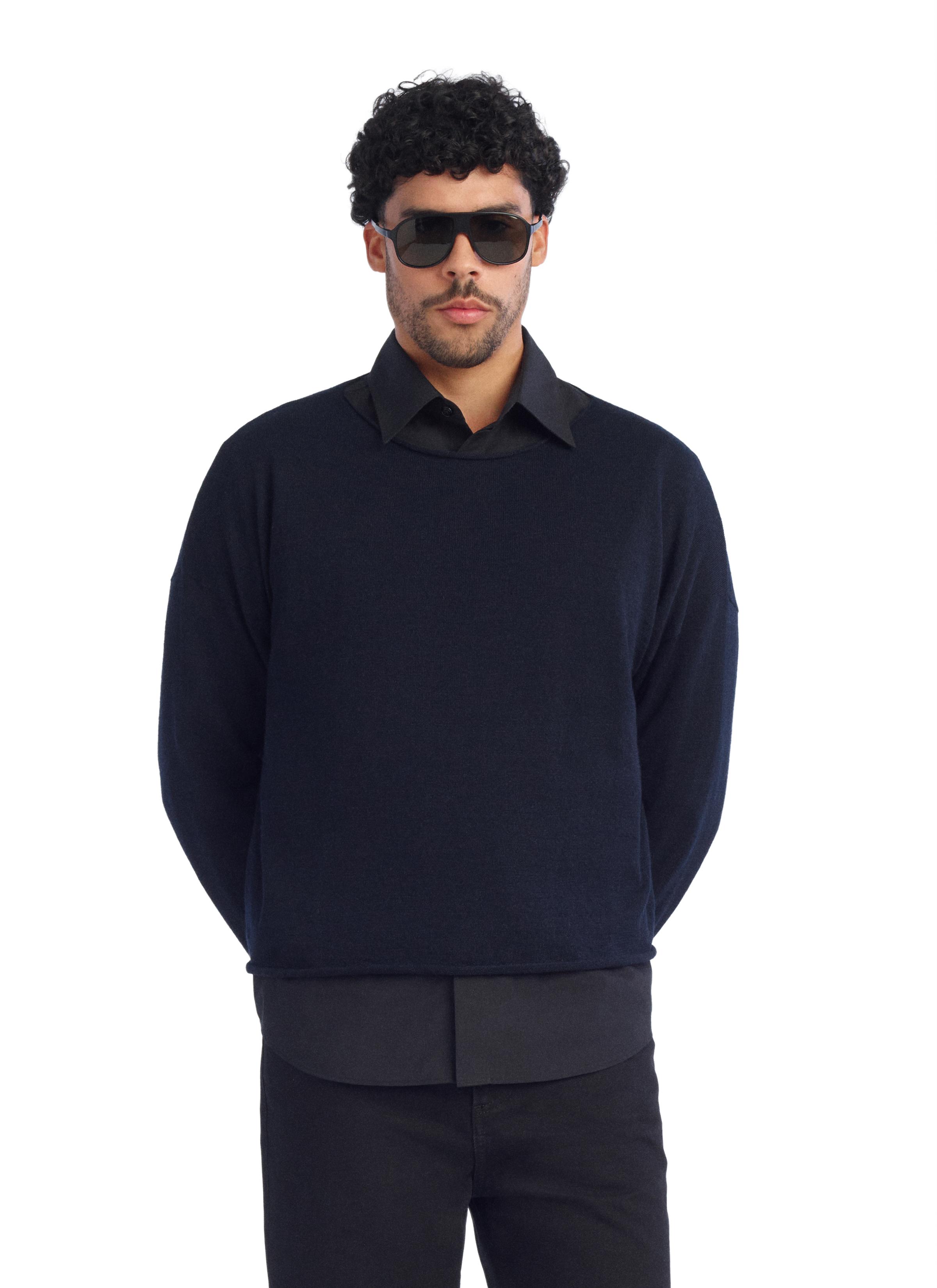 CROPPED FIT LINEN-WOOL BLEND SWEATER — Navy blue