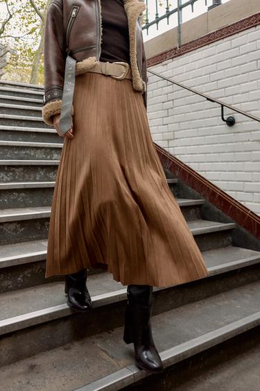 PLEATED FAUX SUEDE MIDI SKIRT WITH BELT - Light brown by Zara - Image 1