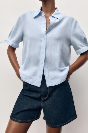 CHEMISE MANCHES COURTES À LACETS EN RAMIE - Bleu clair de Zara