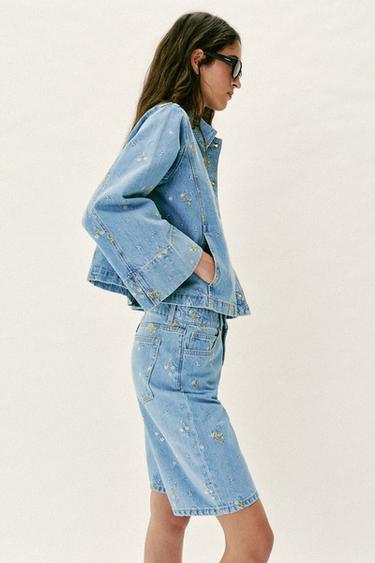 Z1975 EMBROIDERED FLORAL DENIM BERMUDA SHORTS - Mid-blue by Zara - Image 4