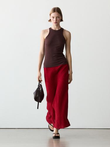Zara 100% linen flounce midi skirt - Red - Image 0