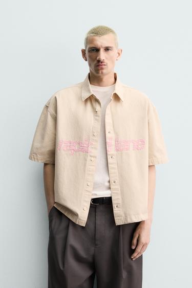 BOXY FIT OVERSHIRT WITH PATCHED TEXT - Ecru by Zara