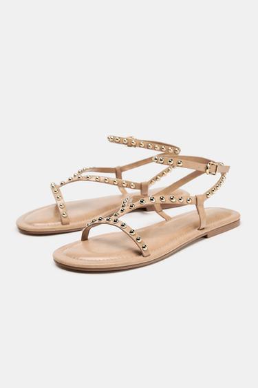 SANDALS WITH METALLIC BEADED STRAPS - Beige by Zara - Image 2