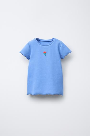 CAMISETA RIB BORDADO - Azulón de Zara