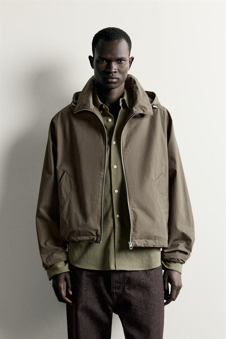 CROPPED TECHNICAL HOODIE JACKET — Brown