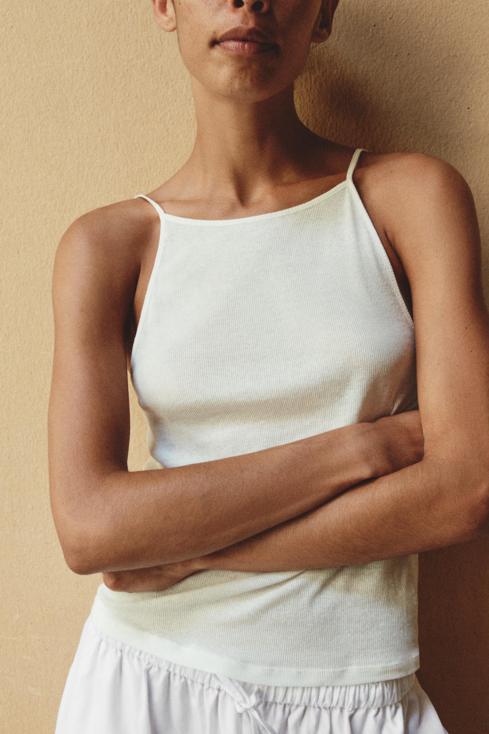 100% COTTON STRAPPY TANK TOP — Ecru