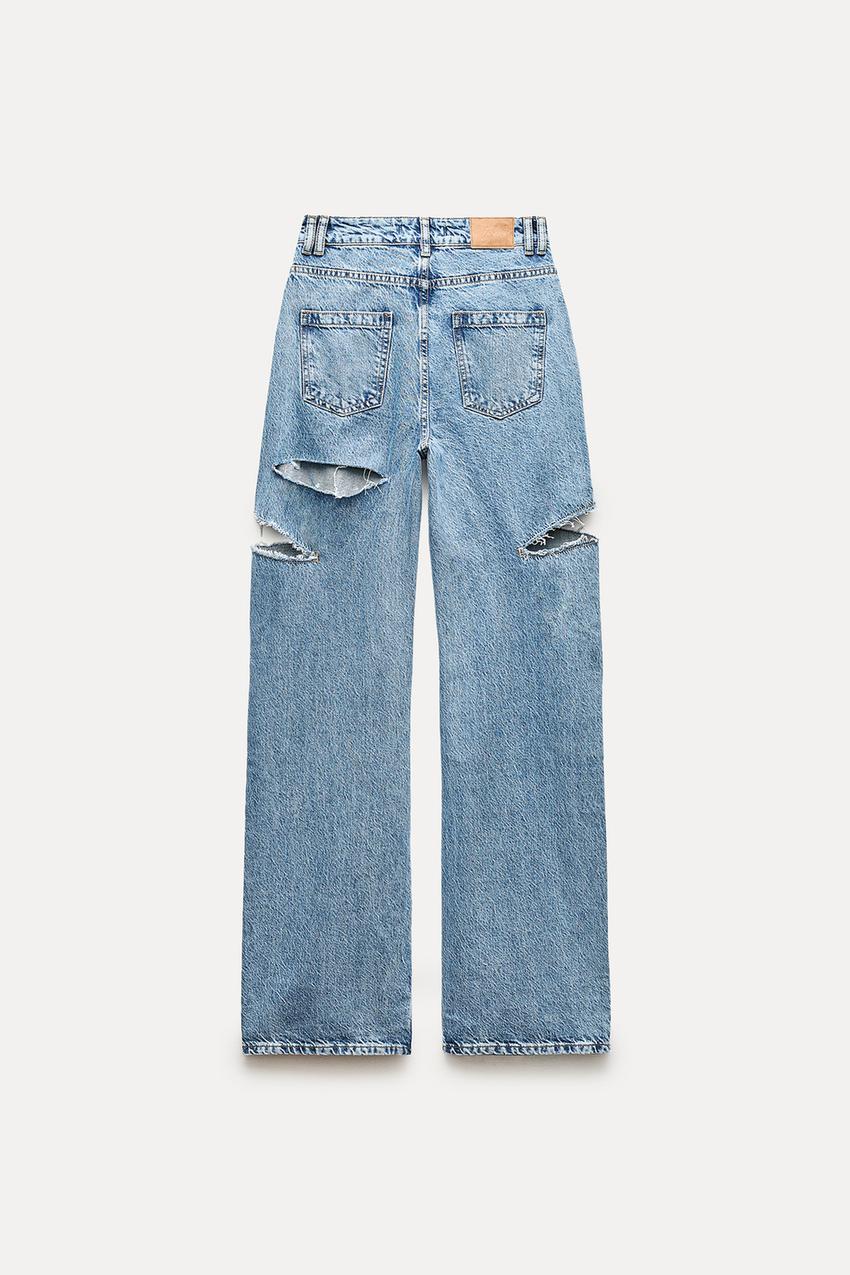 Z1975 MID WAIST RIPPED CUT OUT STRAIGHT LEG JEANS - Mid-blue