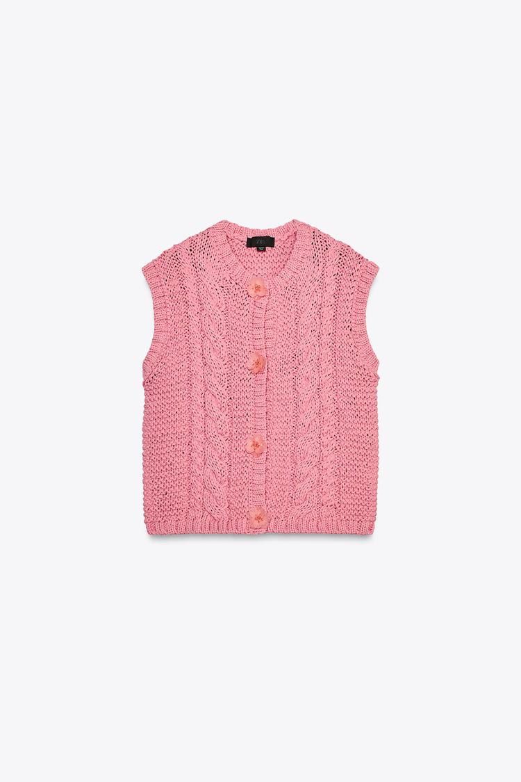 フラワーボタンニットトップベスト - ピンク | ZARA Japan / 日本 