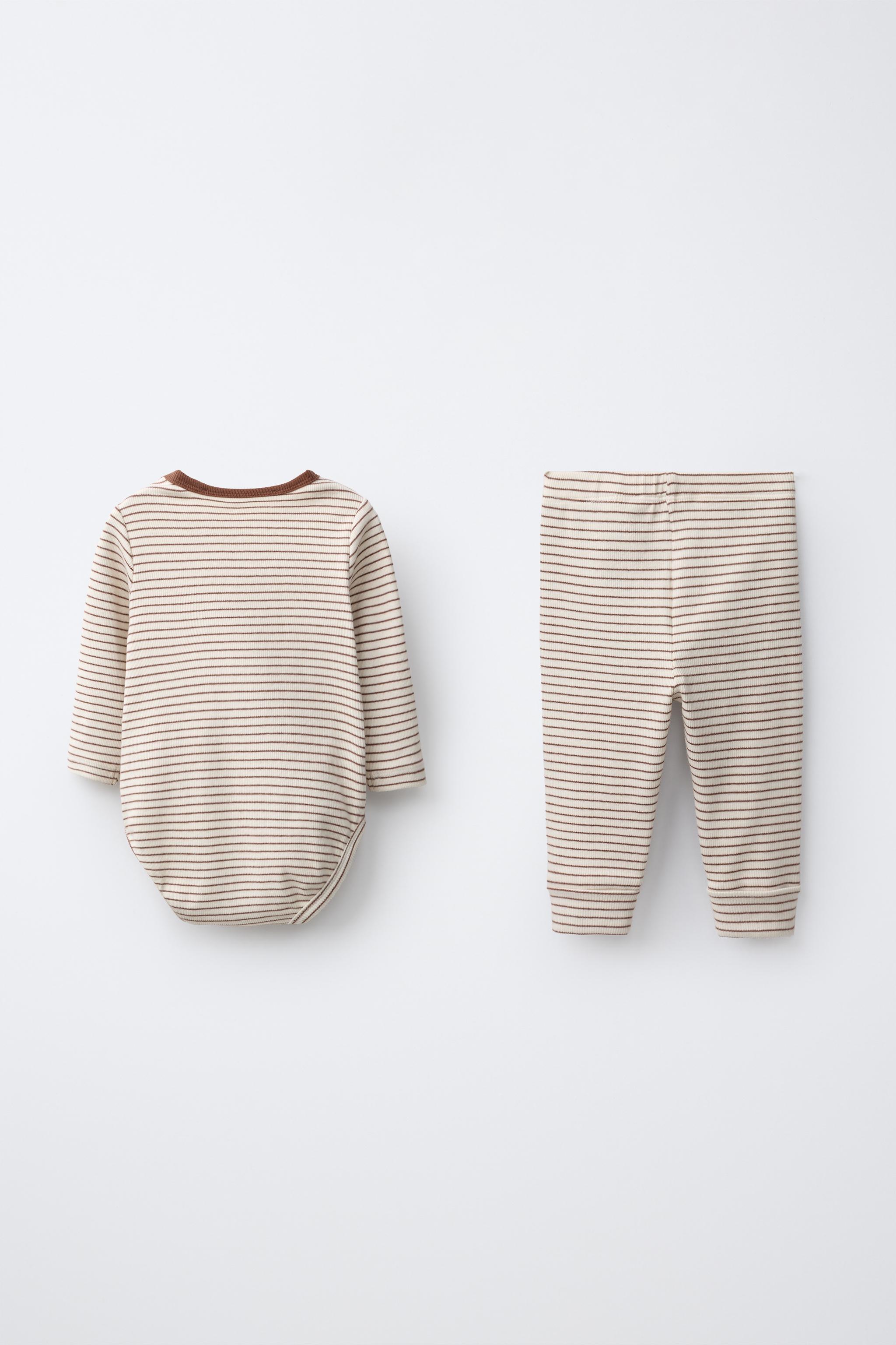 STRIPED EMBROIDERED BODYSUIT AND LEGGINGS SET — Brown