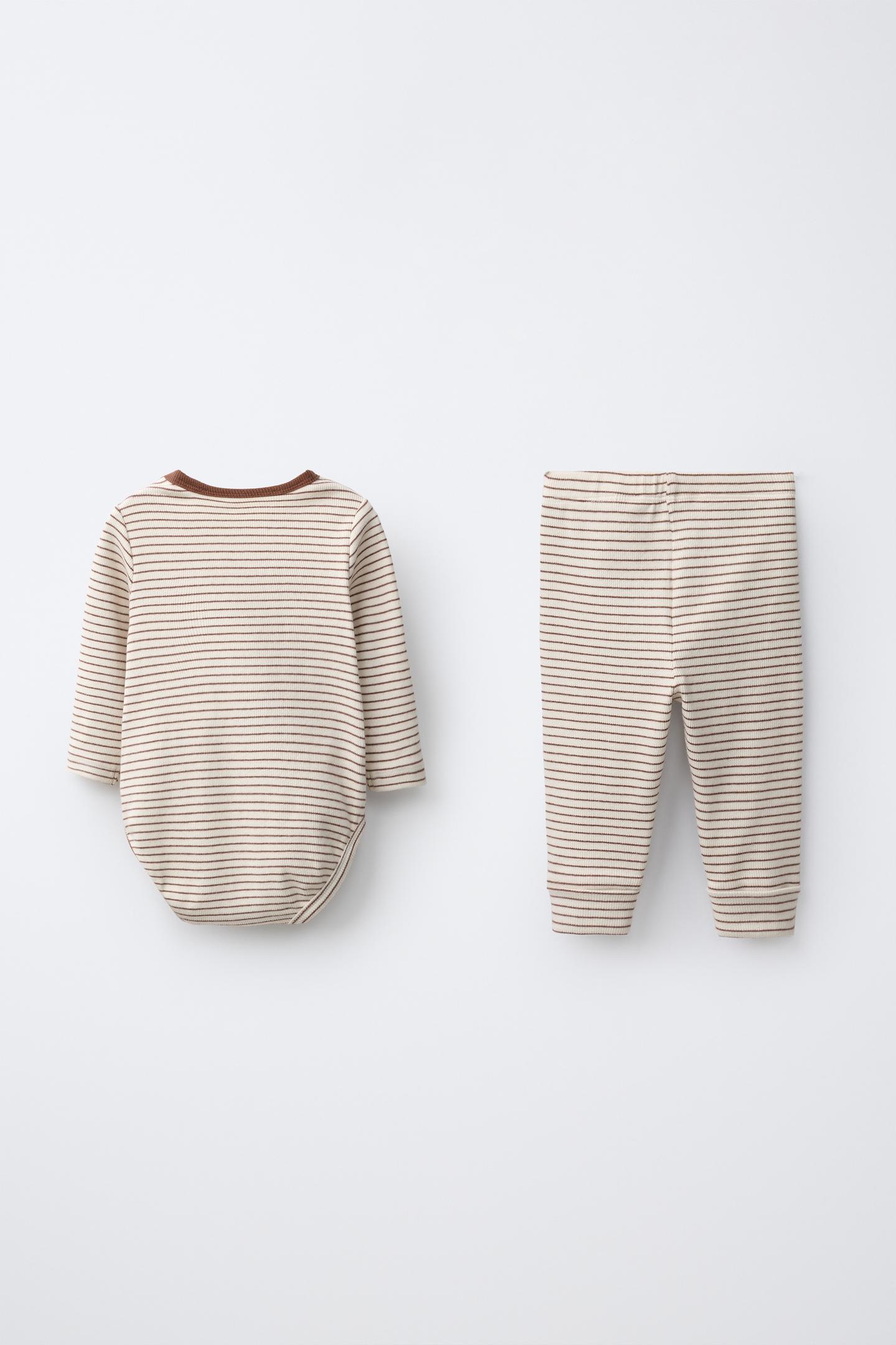 Детский комплект Zara Striped Embroidered Bodysuit and Leggings Set, цвет: Коричневый — фото 2