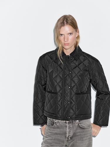 Zara Short lightweight puffer jacket with corduroy detail - Black
