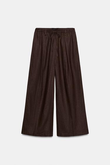 PANTALÓN PALAZZO CON LINO - Marrón de Zara