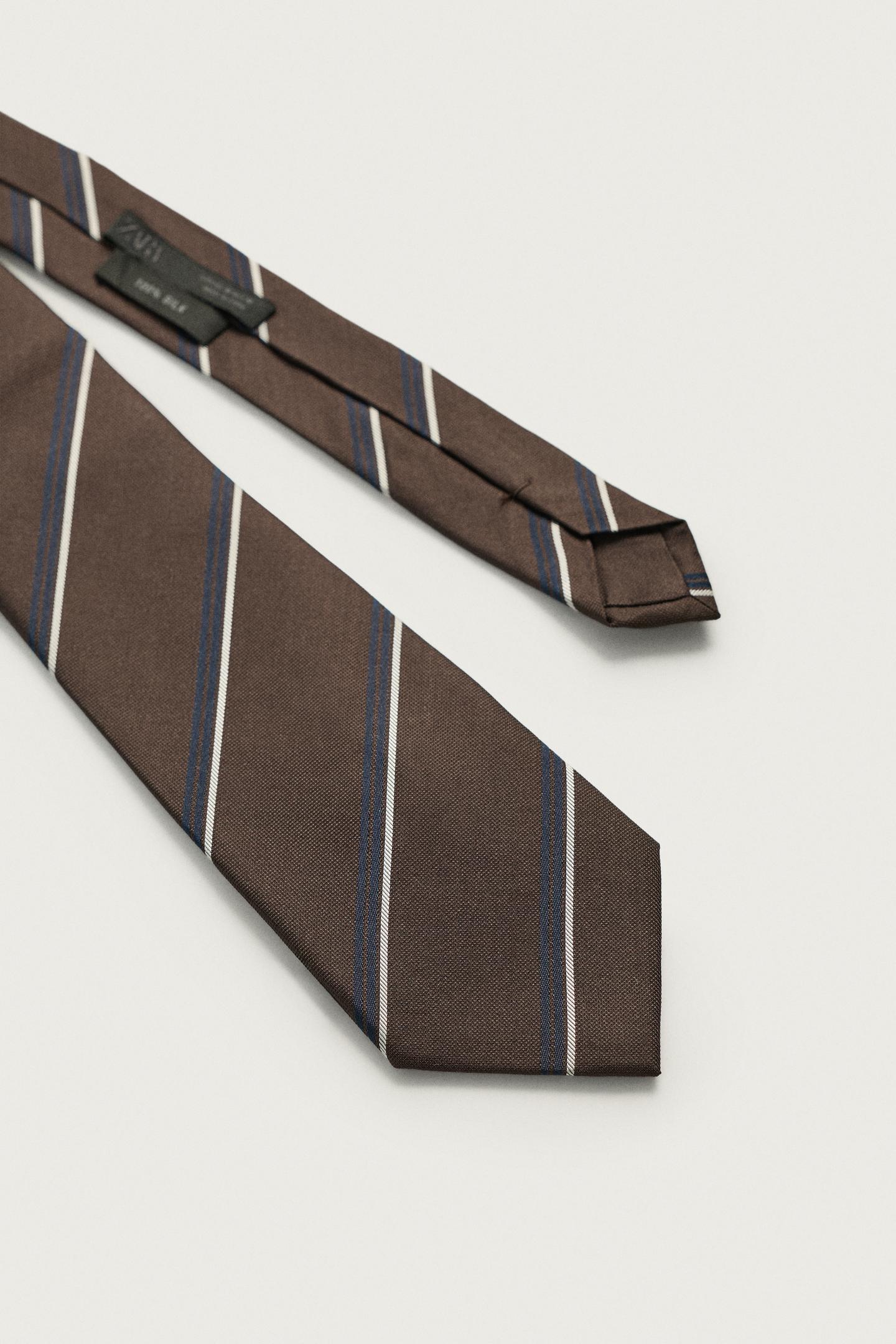 Мужской галстук Zara 100% Silk Striped Tie, цвет: Коричневый — фото 4