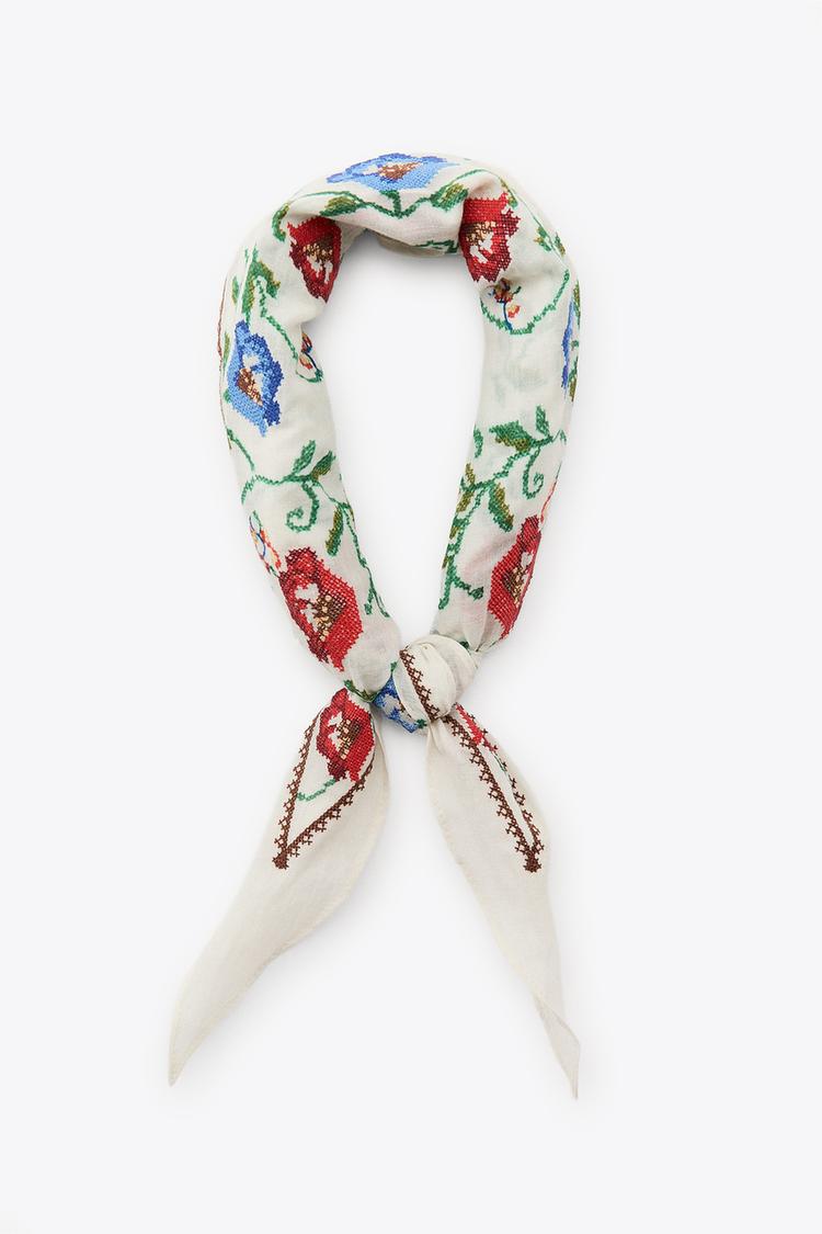 FLORAL EMBROIDERED BANDANNA Ecru ZARA India - Main Image