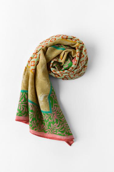 Zara TILE PRINT COTTON SCARF - Green