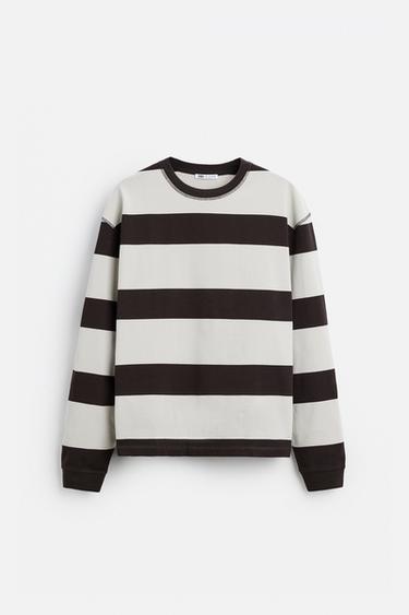 Zara STRIPED JACQUARD T-SHIRT - Brown / White
