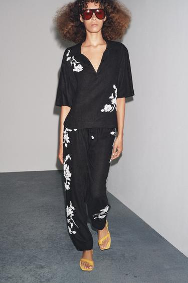 Zara EMBROIDERED BEADED SHIRT ZW COLLECTION - Black / White