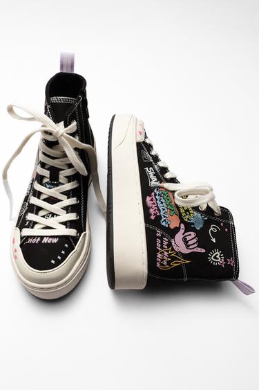 Zara GRAFFITI HIGH TOP SNEAKERS - Black