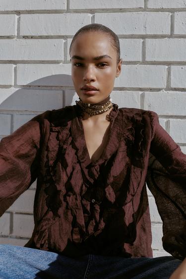 RUFFLED BLOUSE - Brown by Zara - Image 2
