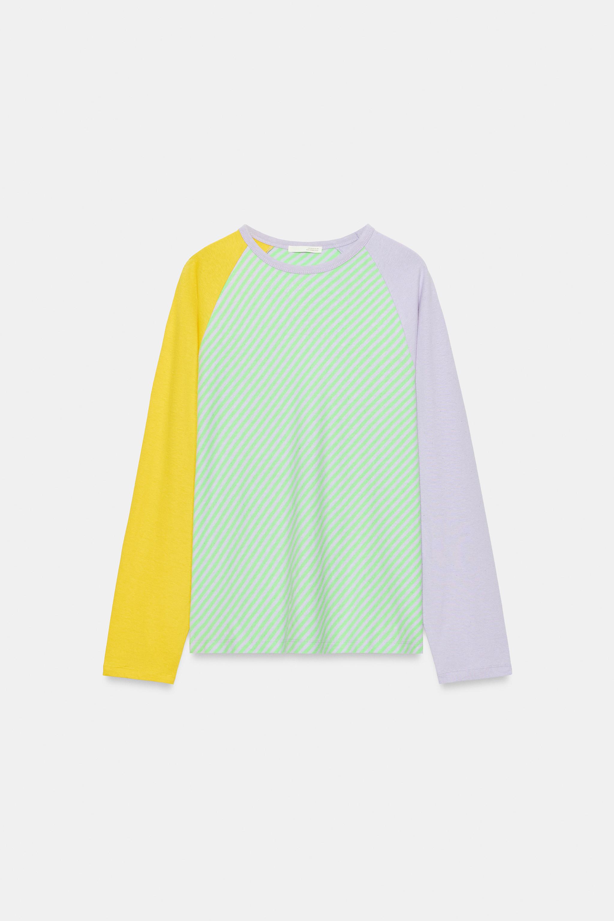 Женские футболки Zara TRICOLOR COTTON AND LINEN T-SHIRT — фото 5