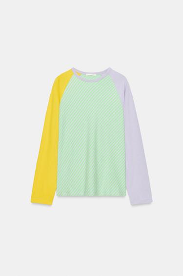 T-SHIRT TRICOLORE COTON ET LIN - Vert clair de Zara - Image 4