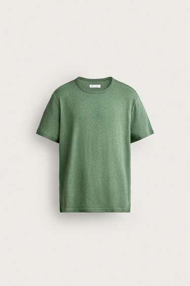 Zara COTTON-LINEN RELAXED-FIT T-SHIRT - Green