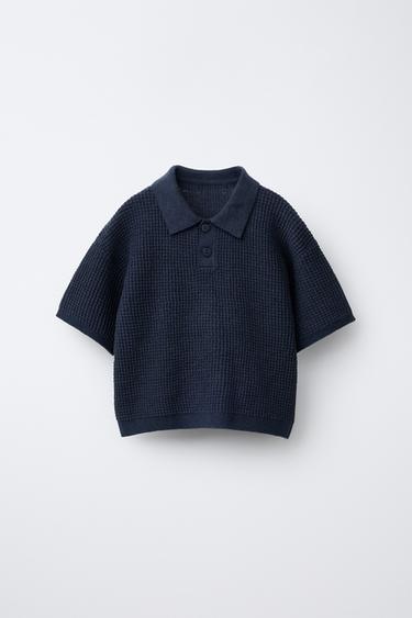 Zara WAFFLE KNIT POLO SHIRT - Navy blue