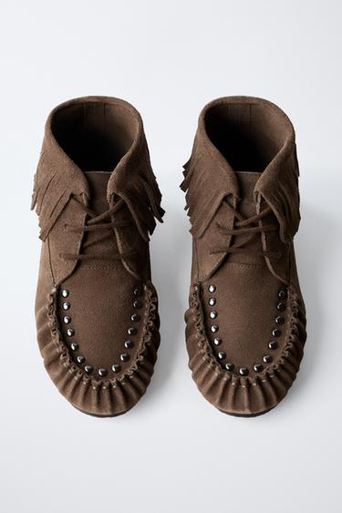 BOTTINES EN CUIR BASSES À FRANGES - Marron de Zara - Image 3
