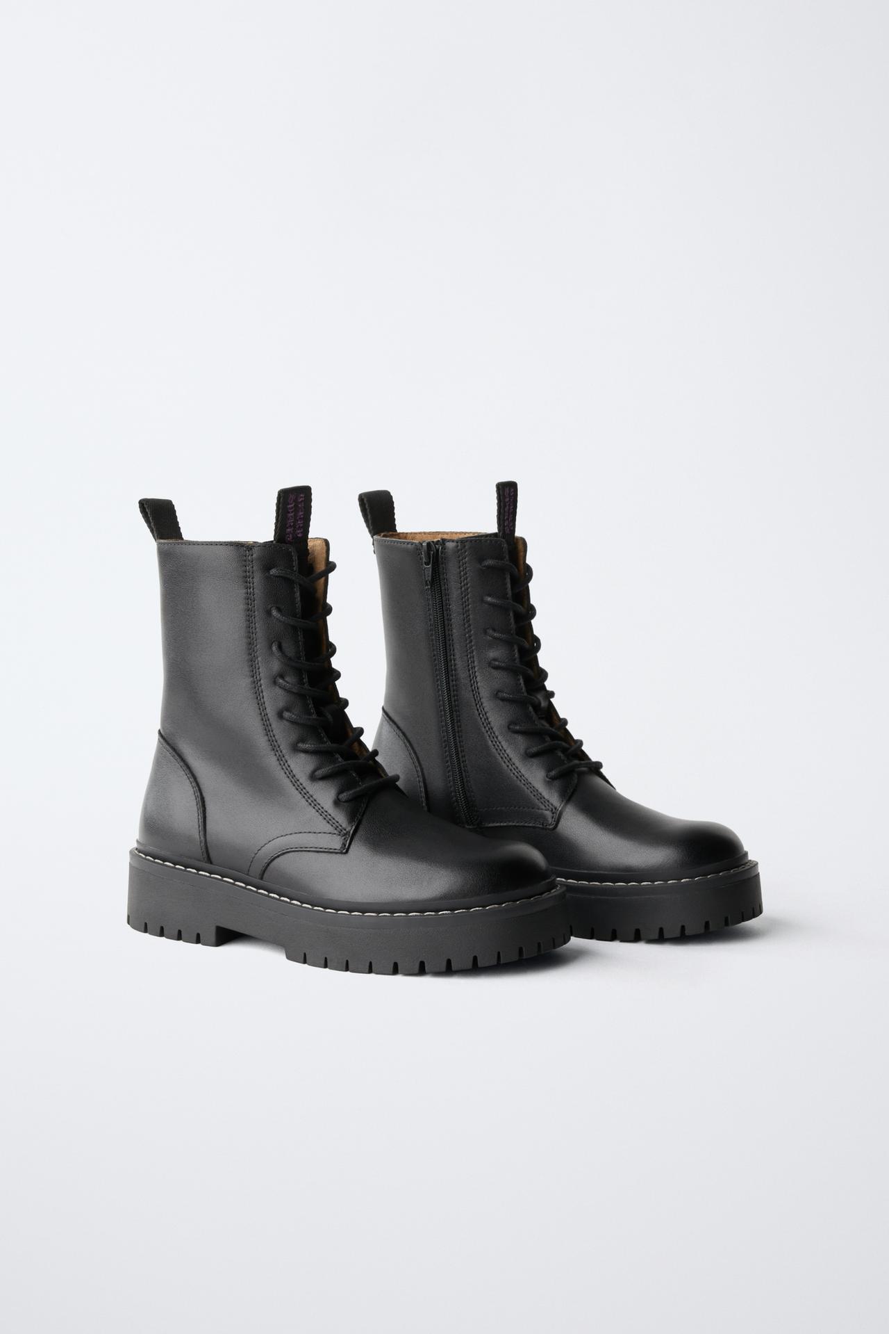 LEATHER LACE-UP ANKLE BOOTS — Black