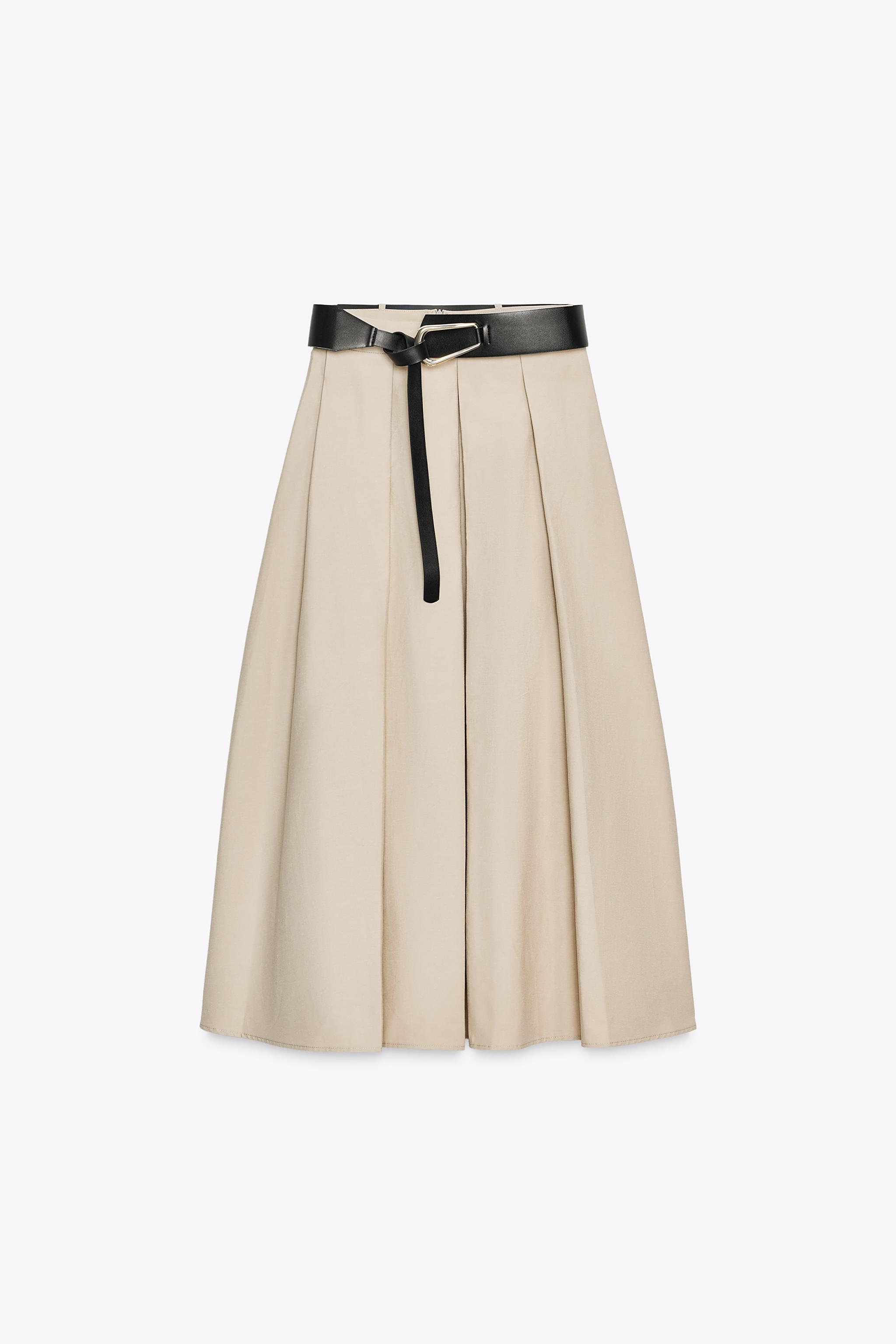 ベルト付きフレアミディスカート - ミディアムキャメル | ZARA
