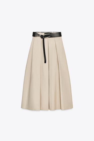 BELTED LAYERED MIDI SKIRT - Mid-camel by Zara