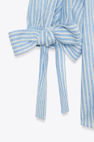 STRIPED LINEN BLEND SHIRT WITH BOWS - Blue/White by Zara - Image 6