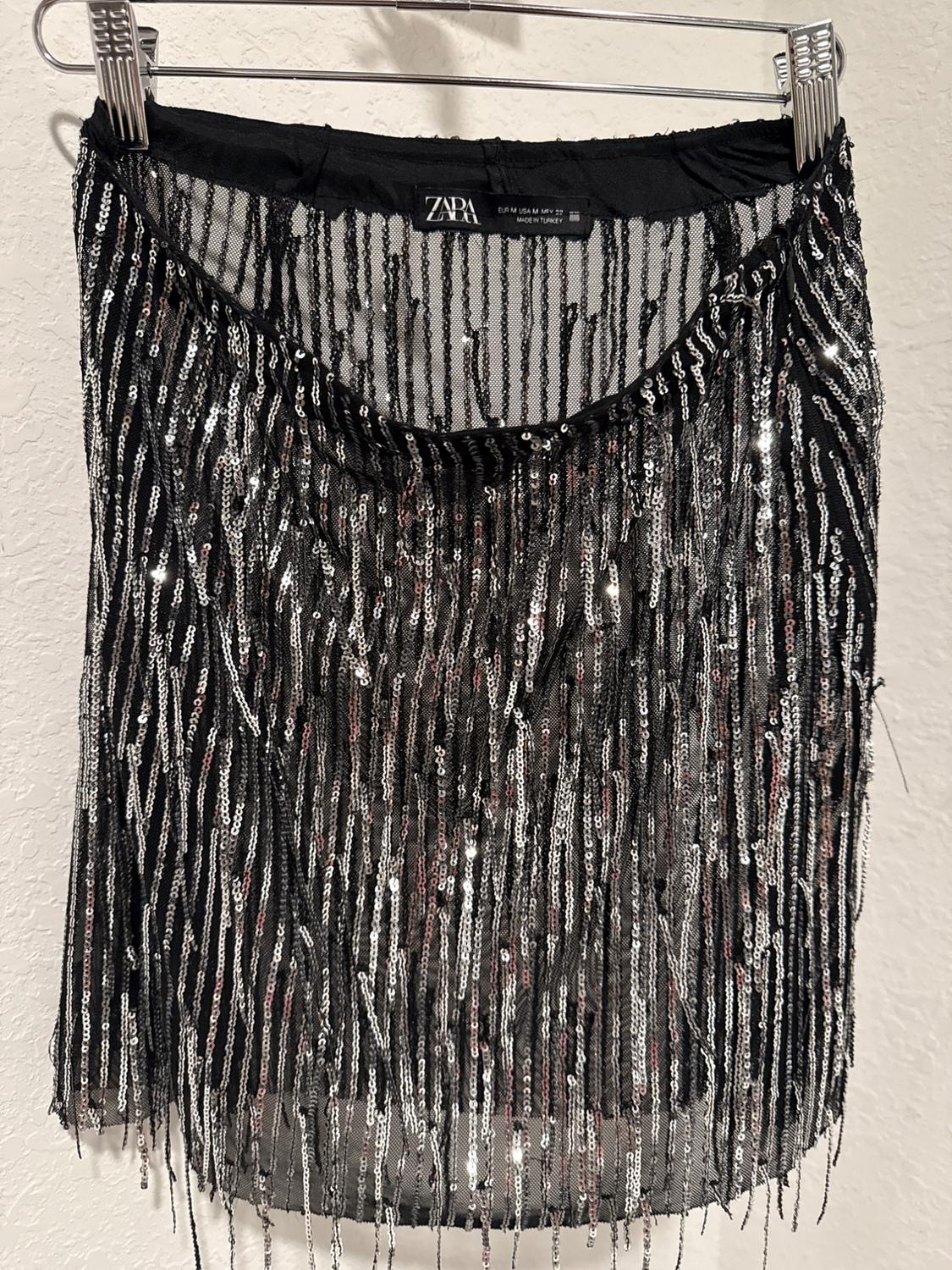Black skirt with hanging silver sequins, hanging on a hanger. Visible label: "ZARA, EUR M USA M MEX 28, MADE IN TURKEY".