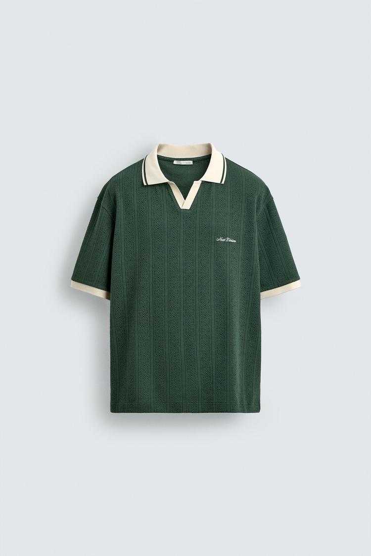ZARA EMBROIDERED VERTICAL JACQUARD POLO SHIRT