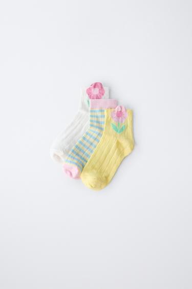 PACK DE TRÊS PARES DE MEIAS COM FLOR - Amarelo-claro da Zara