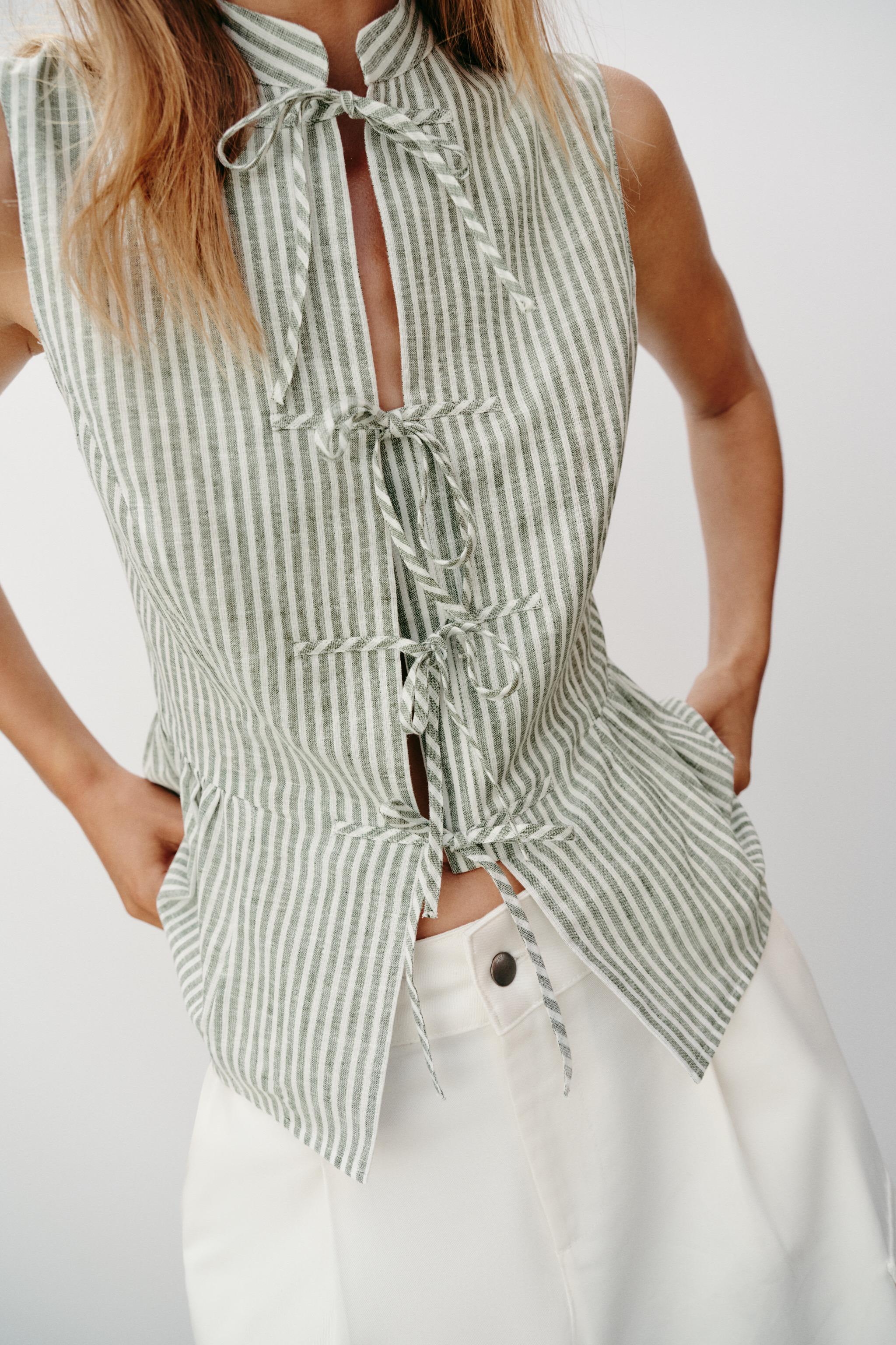 STRIPED METALLIC THREAD TIE TOP — Green / Ecru