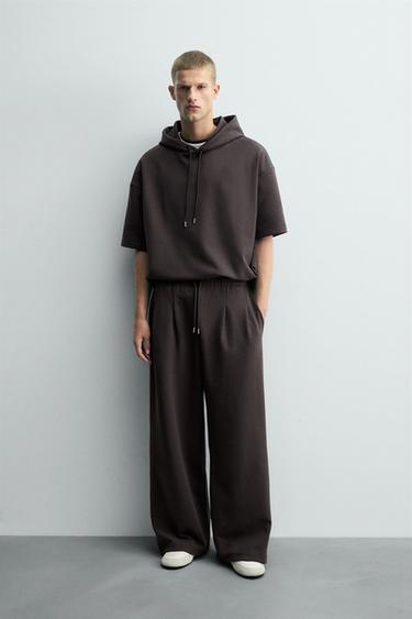 Zara 交織布打褶標籤長褲 - 深棕色 - 圖片 0