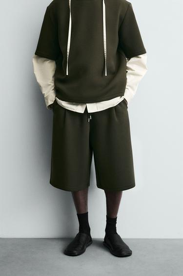 Zara 潛水衣效果打褶短褲 - 深綠色