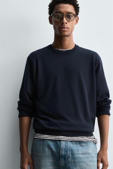 Zara TEXTURED COTTON SWEATER - Dark navy