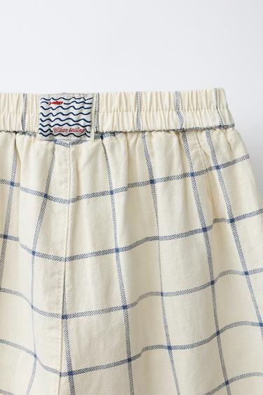 PANTALON BAGGY À CARREAUX AVEC COTON ET LIN - Écru de Zara - Image 3