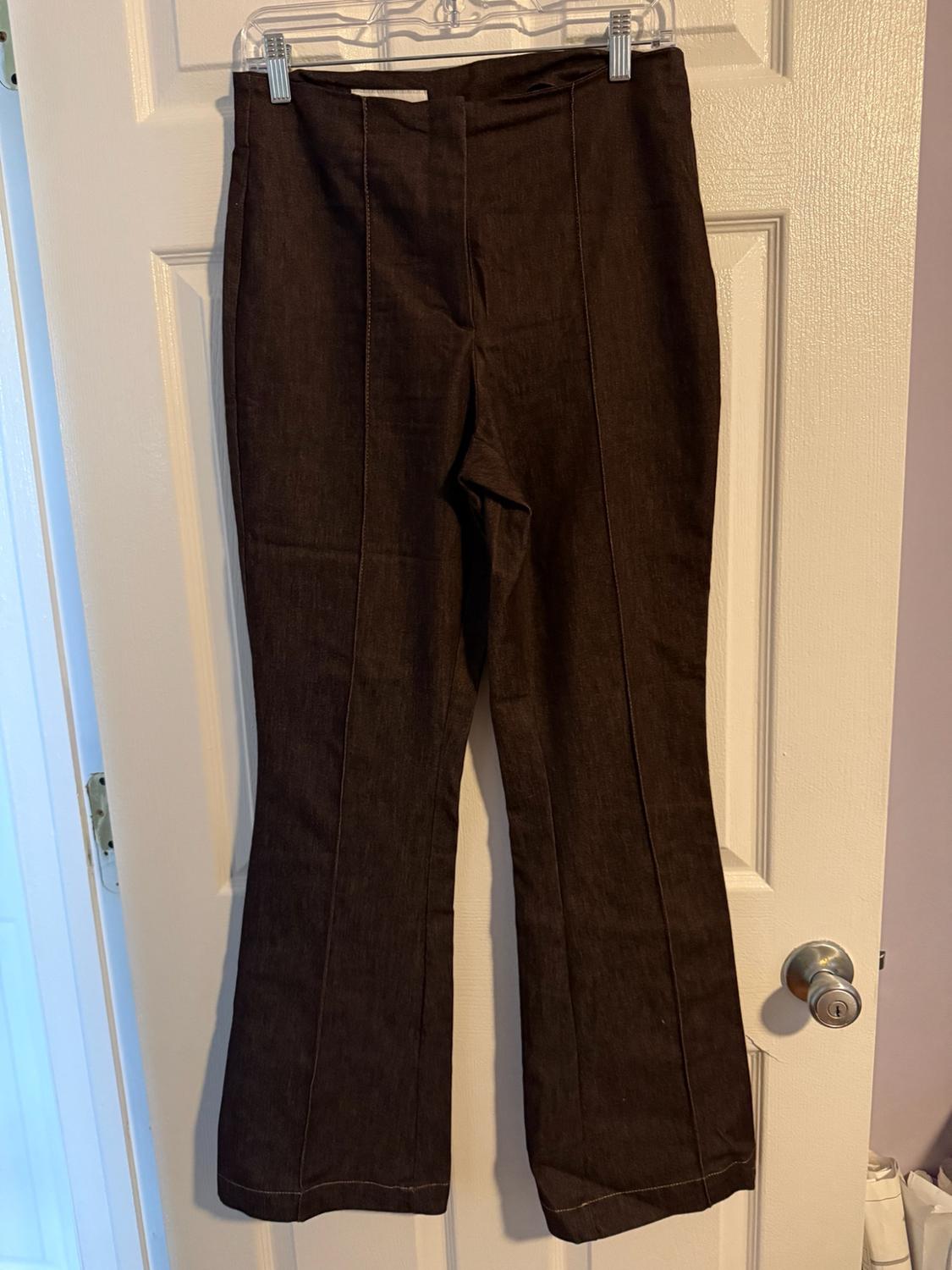 Dark brown pants with vertical seams in the front, hanging on a hanger over a white door.