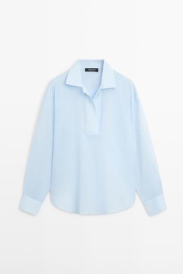 Camisa fluida detalle cuello 100% algodón - Celeste de Zara